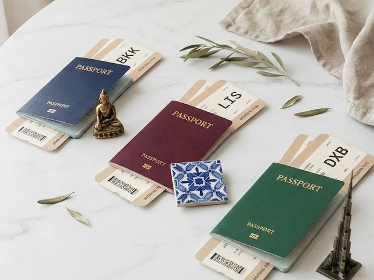 Comparatif expatriation Thaïlande Portugal Dubaï avec passeports et symboles.